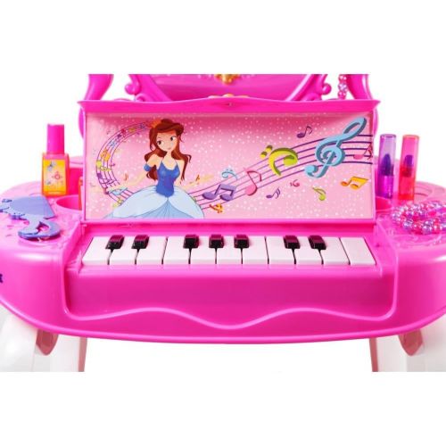  Dimple 2-in-1 Vanity Set Girls Toy Makeup Accessories with Working Piano & Flashing Lights, Big Mirror, Cosmetics, Working Hair Dryer - Glowing Princess will Appear when Pressing t