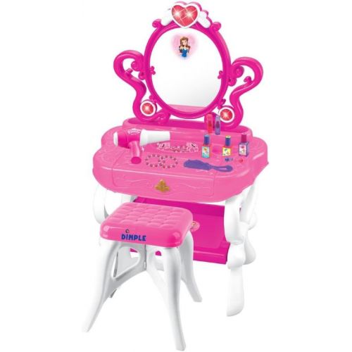  Dimple 2-in-1 Vanity Set Girls Toy Makeup Accessories with Working Piano & Flashing Lights, Big Mirror, Cosmetics, Working Hair Dryer - Glowing Princess will Appear when Pressing t