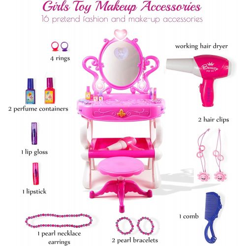  Dimple 2-in-1 Vanity Set Girls Toy Makeup Accessories with Working Piano & Flashing Lights, Big Mirror, Cosmetics, Working Hair Dryer - Glowing Princess will Appear when Pressing t