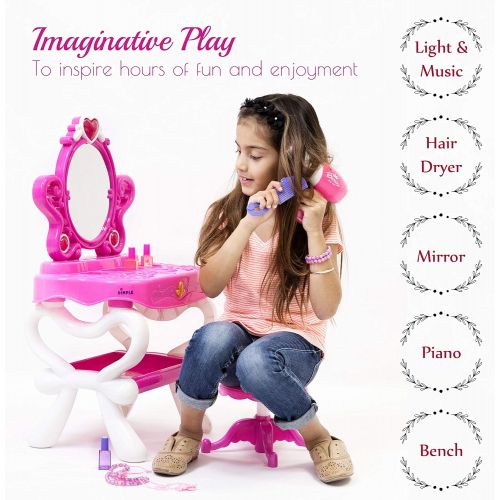  Dimple 2-in-1 Vanity Set Girls Toy Makeup Accessories with Working Piano & Flashing Lights, Big Mirror, Cosmetics, Working Hair Dryer - Glowing Princess will Appear when Pressing t