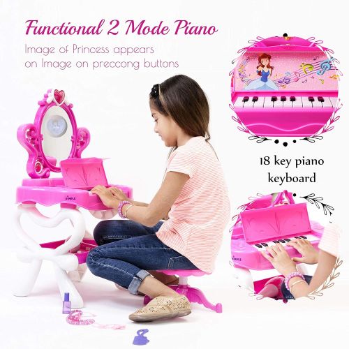  Dimple 2-in-1 Vanity Set Girls Toy Makeup Accessories with Working Piano & Flashing Lights, Big Mirror, Cosmetics, Working Hair Dryer - Glowing Princess will Appear when Pressing t