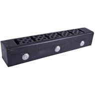 인센스스틱 diollo Coffin Style Mango Wood Incense Burner Stick Holder with Sun Flower Brass Inlays - 12X2X2 Inches Black