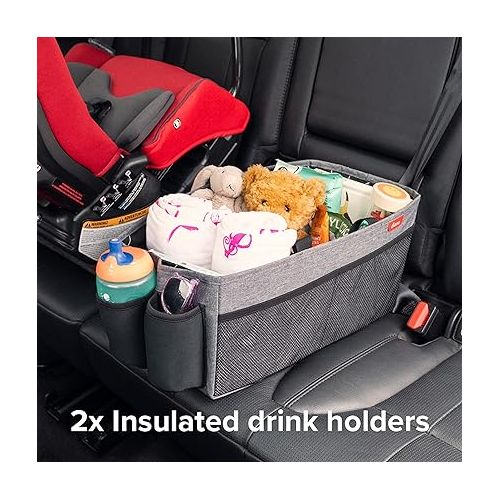  Diono Travel Pal XL Back Seat Car Organizer, 12 Compartments for Kids and Pet Toys, Insulated Drink Holder, Dividable Storage, Reinforced Carry Handles, Collapsible Car Organizer, Folds Flat, Grey