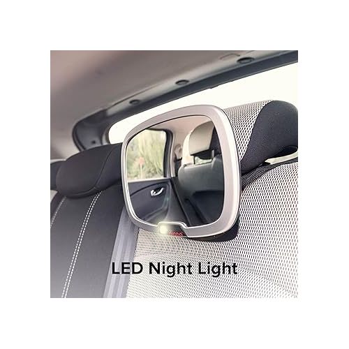  Diono Easy View Plus Baby Car Mirror with Light, Safety Car Seat Mirror for Rear Facing Infant with 360 Rotation, LED Night Light, Wide Crystal Clear View, Shatterproof, Crash Tested