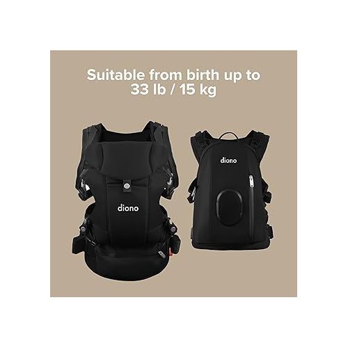  Diono Carus Complete 4-in-1 Baby Carrier with Detachable Backpack, Front Carry & Back Carry, Newborn to Toddler up to 33 lb / 15 kg, Black