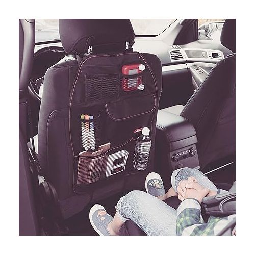  Diono Stow 'n Go Car Back Seat Organizer for Kids, Kick Mat Back Seat Protector, with 7 Storage Pockets, 2 Drinks Holders, Water Resistant, Durable Material, Black , 18x10x9 Inch (Pack of 1)