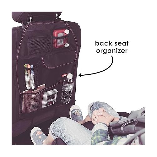  Diono Stow 'n Go Car Back Seat Organizer for Kids, Kick Mat Back Seat Protector, with 7 Storage Pockets, 2 Drinks Holders, Water Resistant, Durable Material, Black , 18x10x9 Inch (Pack of 1)