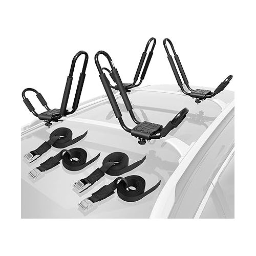  (2 Pairs Universal Kayak Rack for Car Truck SUV - Rooftop Kayak Carrier J-Bar Holder Mount with Tie Down Straps