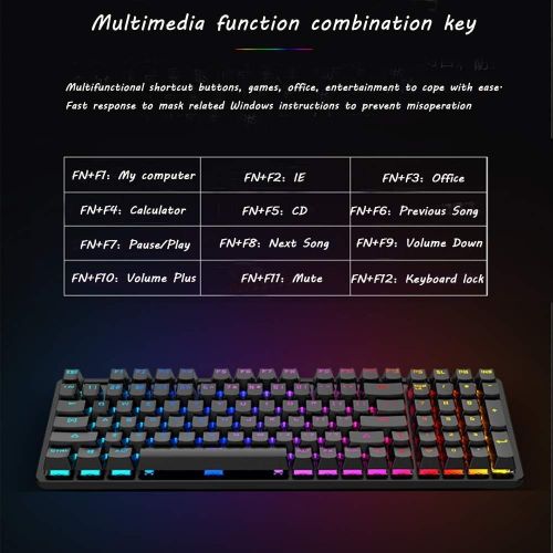  Dirkshop Mechanical Gaming Keyboard Compact 98 Key Mechanical Computer Keyboard -USB Connection Multi-Color Rainbow programmable RGB with Blue Switches,for Windows PC Gamers