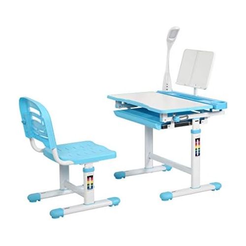  [아마존베스트]Diroan Kids Functional Desk and Chair Set, Height Adjustable Children School Study Desk with Tilt Desktop, Bookstand, LED Light, Metal Hook and Storage Drawer for Boys Girls (Blue)
