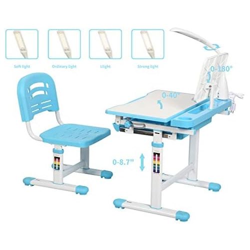  [아마존베스트]Diroan Kids Functional Desk and Chair Set, Height Adjustable Children School Study Desk with Tilt Desktop, Bookstand, LED Light, Metal Hook and Storage Drawer for Boys Girls (Blue)