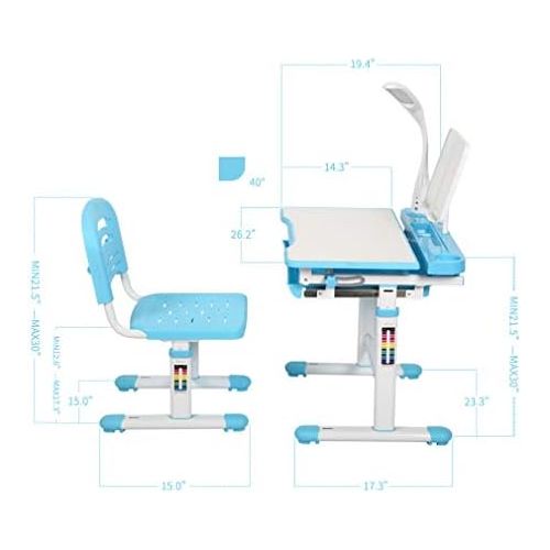  [아마존베스트]Diroan Kids Functional Desk and Chair Set, Height Adjustable Children School Study Desk with Tilt Desktop, Bookstand, LED Light, Metal Hook and Storage Drawer for Boys Girls (Blue)