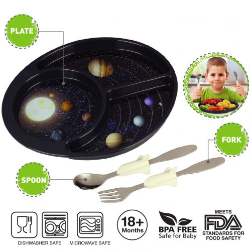  Discovery Earth Mover Meal Builder - 3 Piece Set for Kids & Toddlers - Cosmos Themed Plate, Fork & Spoon - Perfect for All Meals & Snacks - Promotes Portion Control - Dishwasher &