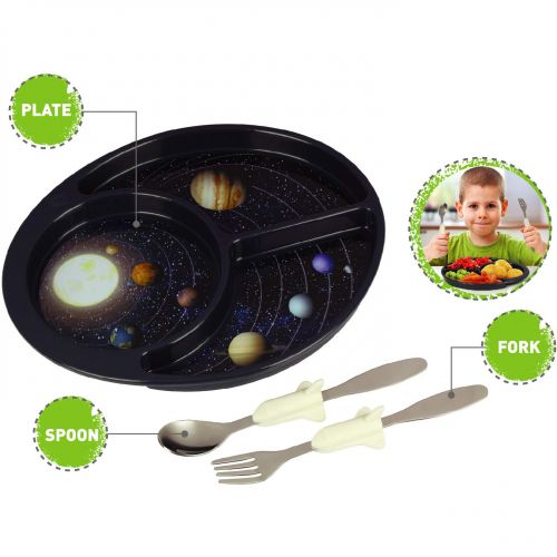  Discovery Earth Mover Meal Builder - 3 Piece Set for Kids & Toddlers - Cosmos Themed Plate, Fork & Spoon - Perfect for All Meals & Snacks - Promotes Portion Control - Dishwasher &