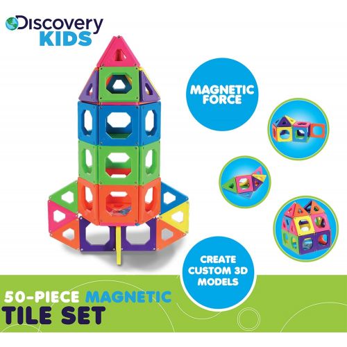  [아마존핫딜][아마존 핫딜] Amazon Discovery Kids 50 Piece Magnetic Building Tiles Set, Magnet Blocks 50pcs Construction Kit in 6 Colors, Creativity STEM Toy for Preschool Toddlers, Kids, Girls, Boys w/ Storage Bag