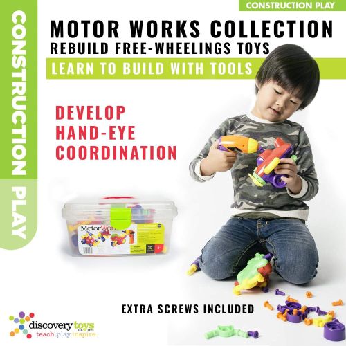  Discovery Toys Motor Works Set of 3 Vehicles: Race Car, Airplane, Motorcycle with Electric Drill & Case | Kid-Powered Learning | STEM Educational Toy Learning & Childhood Developme