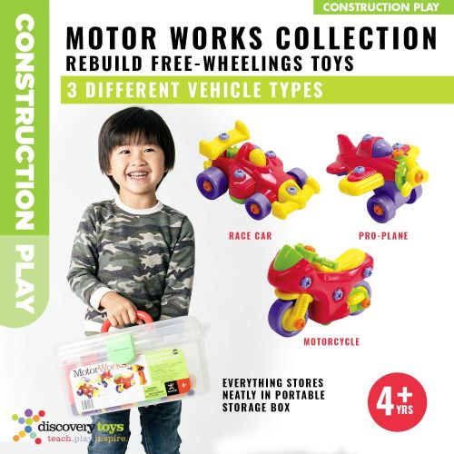  Discovery Toys Motor Works Set of 3 Vehicles: Race Car, Airplane, Motorcycle with Electric Drill & Case | Kid-Powered Learning | STEM Educational Toy Learning & Childhood Developme