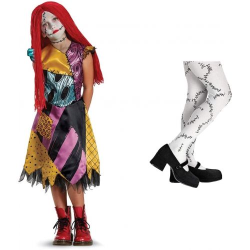  Disguise Disney Sally Nightmare Before Christmas Deluxe Girls Costume, S (4 6x) & D/Ceptions 2 Stitched White Pantyhose Costume Accessory, One Size Child