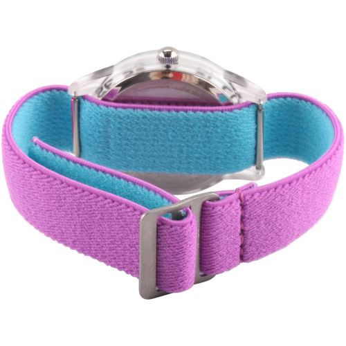 디즈니 Disney Doc Mcstuffins Stuffy Girls Stainless Steel Time Teacher Watch, Reversible Purple and Blue Nylon Strap