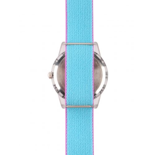 디즈니 Disney Doc Mcstuffins Stuffy Girls Stainless Steel Time Teacher Watch, Reversible Purple and Blue Nylon Strap