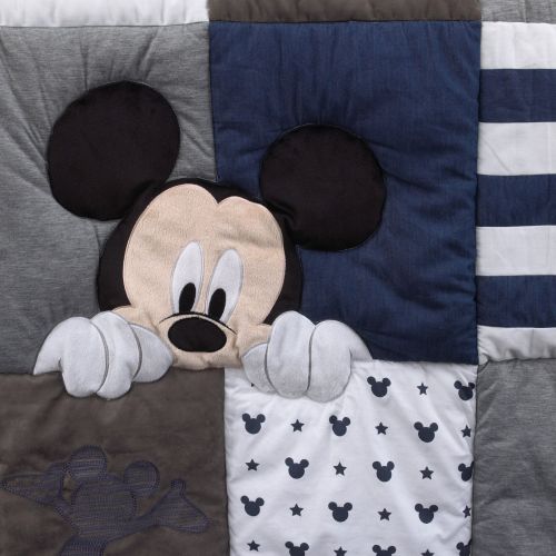 디즈니 Disney Mickey Mouse Hello World Denim/Star/Icon 4 Piece Nursery Crib Bedding Set - Patchwork Appliqued Comforter, 100% Cotton Fitted Crib Sheet, Crib Skirt with 16 Drop, Diaper Sta