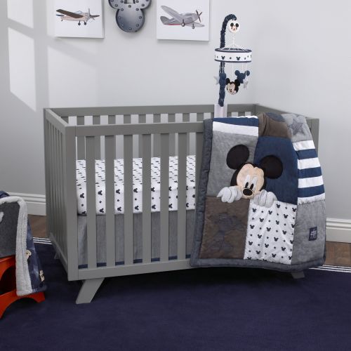 디즈니 Disney Mickey Mouse Hello World Denim/Star/Icon 4 Piece Nursery Crib Bedding Set - Patchwork Appliqued Comforter, 100% Cotton Fitted Crib Sheet, Crib Skirt with 16 Drop, Diaper Sta