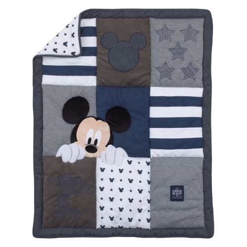 디즈니 Disney Mickey Mouse Hello World Denim/Star/Icon 4 Piece Nursery Crib Bedding Set - Patchwork Appliqued Comforter, 100% Cotton Fitted Crib Sheet, Crib Skirt with 16 Drop, Diaper Sta