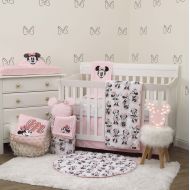 [아마존베스트]Disney Minnie Mouse 6 Piece Nursery Crib Bedding Set, Comforter, Two 100% Cotton Fitted Crib Sheets, Dust Ruffle, Baby Blanket, Changing Pad Cover, Pink, Grey & White