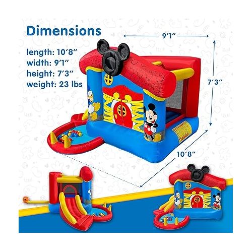 디즈니 Funormous Disney Mickey Mouse Bounce House with Slide, Indoor Outdoor Inflatable Bouncy Castle Funhouse Ball Pit Plus Heavy Duty Air Blower