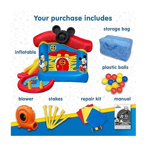 디즈니 Funormous Disney Mickey Mouse Bounce House with Slide, Indoor Outdoor Inflatable Bouncy Castle Funhouse Ball Pit Plus Heavy Duty Air Blower