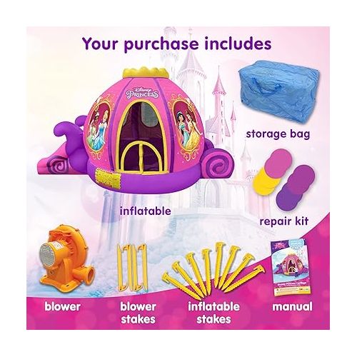 디즈니 Disney Princess Carriage Inflatable Pink Bounce House with Slide and Ball Pit, Indoor Outdoor Bouncy Castle with Air Blower Kids Ages 3-8