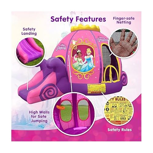 디즈니 Disney Princess Carriage Inflatable Pink Bounce House with Slide and Ball Pit, Indoor Outdoor Bouncy Castle with Air Blower Kids Ages 3-8