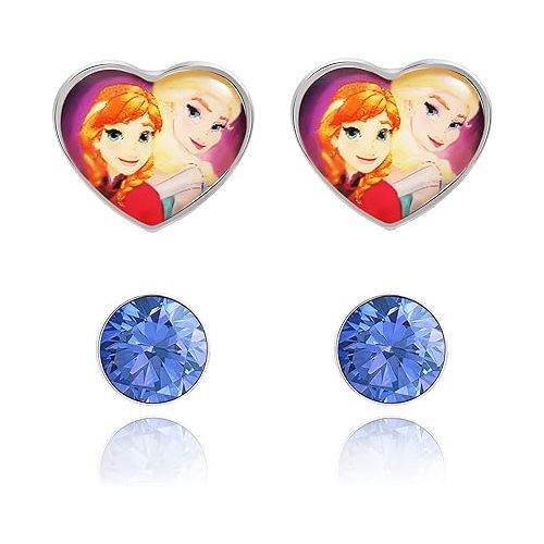 디즈니 Disney Frozen Stud Earrings Set - Crystal Stud Earrings and Anna and Elsa Earrings - Frozen Earrings - Elsa Jewelry - Disney Earrings