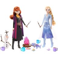 Mattel Disney Frozen Elsa & Anna Camping Playset with 2 Fashion Dolls, Olaf & Bruni Figures & 12 Accessories, Disney Frozen 2
