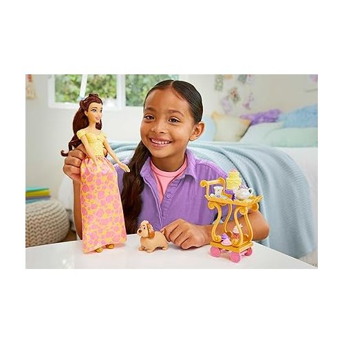 디즈니 Mattel Disney Princess Belle Tea Time Fashion Doll & Playset with Tea Cart, 3 Character Friends and Food Accessories