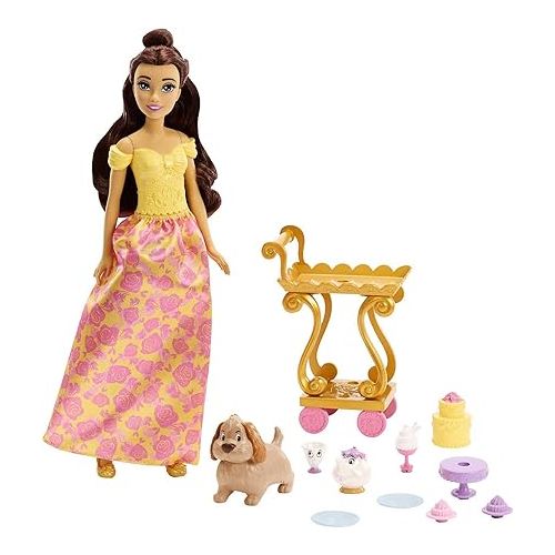 디즈니 Mattel Disney Princess Belle Tea Time Fashion Doll & Playset with Tea Cart, 3 Character Friends and Food Accessories