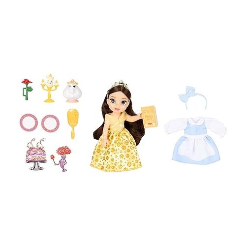 디즈니 Disney Princess Belle Doll Be Our Guest Petite Belle Doll with Mrs. Potts & Lumiere, in Yellow Ball Gown and Blue Village Dress Fashions