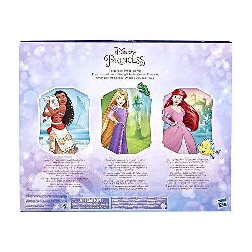 디즈니 Disney Princess Royal Fashions and Friends, Fashion Doll 3-Pack, Ariel, Moana, and Rapunzel, Toy for Girls 3 Years and Up