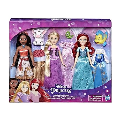 디즈니 Disney Princess Royal Fashions and Friends, Fashion Doll 3-Pack, Ariel, Moana, and Rapunzel, Toy for Girls 3 Years and Up