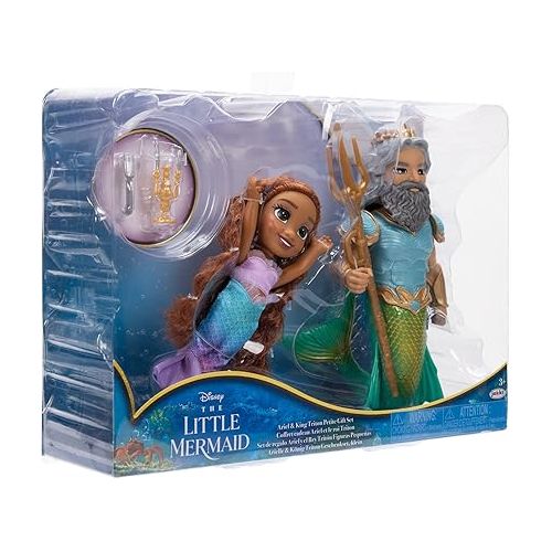 디즈니 Disney The Little Mermaid Ariel Doll and King Triton Petite Gift Set, 6 Inches Tall with Dinglehopper, Candelabra and King Triton’s Trident Accessory Toys