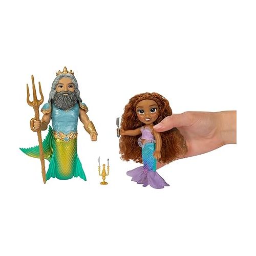 디즈니 Disney The Little Mermaid Ariel Doll and King Triton Petite Gift Set, 6 Inches Tall with Dinglehopper, Candelabra and King Triton’s Trident Accessory Toys