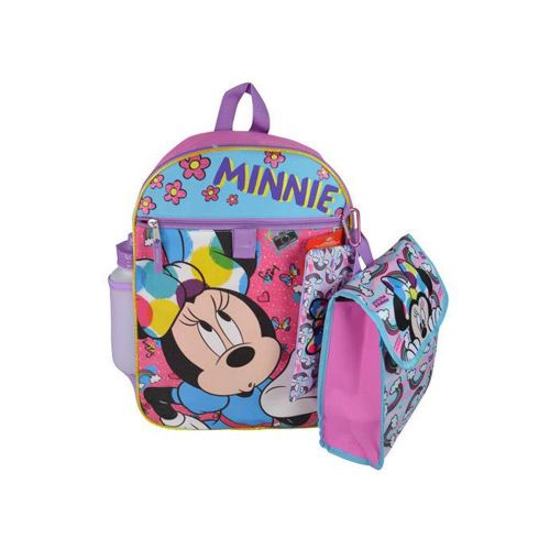 디즈니 Disney Minnie Mouse Rainbow Backpack Book Bag Accessories and Lunch Bag with Water Bottle for Back to School - 5 Piece Set
