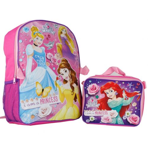 디즈니 Disney Princess 16 Backpack W Detachable Lunch Bag - Ariel Cinderella Aurora Rapunzel