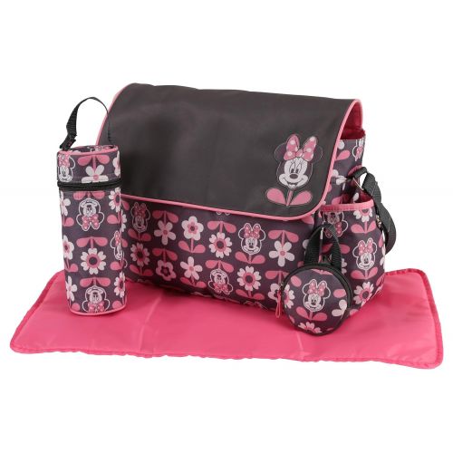디즈니 Disney Minnie Mouse Multi Piece Diaper Bag with Flap, Floral Print, Gray/Pink