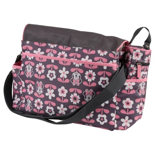 디즈니 Disney Minnie Mouse Multi Piece Diaper Bag with Flap, Floral Print, Gray/Pink