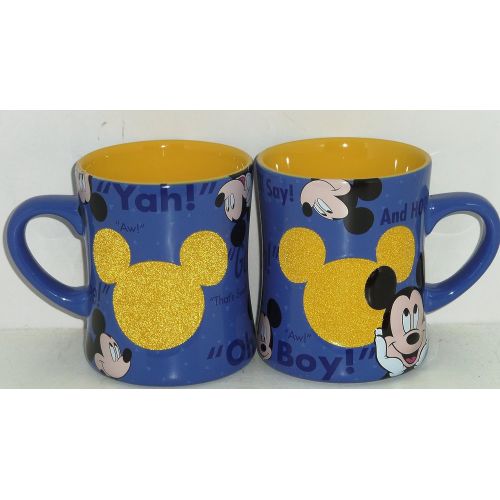 디즈니 Disney Mickey Mouse Coffee Mug Cup Blue Yellow Verbage Theme Parks