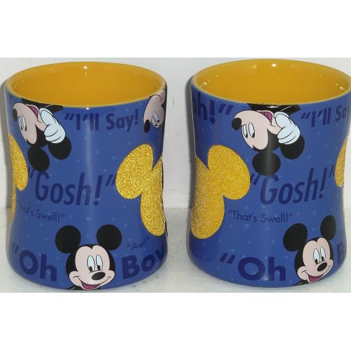 디즈니 Disney Mickey Mouse Coffee Mug Cup Blue Yellow Verbage Theme Parks