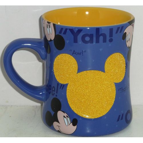 디즈니 Disney Mickey Mouse Coffee Mug Cup Blue Yellow Verbage Theme Parks