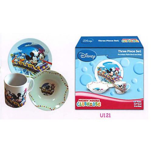 디즈니 Disney Mickey and Minnie 3 Pc Porcelain dinner Set in Printed Gift box, 8 oz Mug, 7.5 Rim Plate, 5.5 Bowl (No Florida)