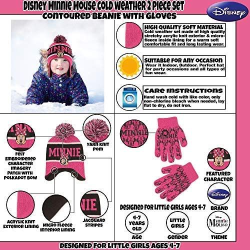 디즈니 Disney Little Girls Minnie Mouse Hat and Glove Cold Weather Set, Age 4-7